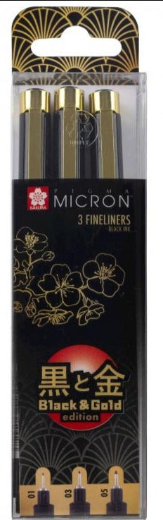 Set of Pigma Micron Black & Gold fineliners Sakura black, 3 pcs.