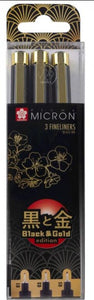 Set of Pigma Micron Black & Gold fineliners Sakura black, 3 pcs.